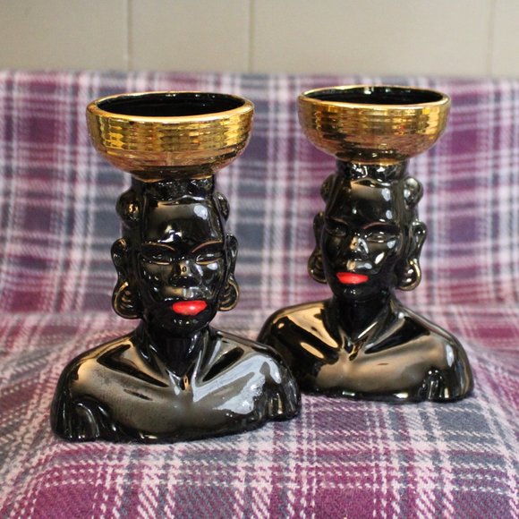 Vintage MCM African Nubian Black Women Head Vase Pair